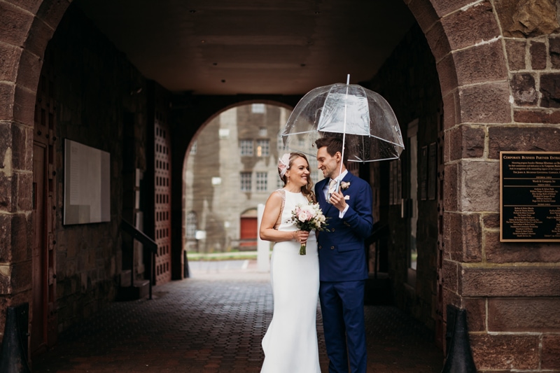 Wedding Photographer, a groom holds an umbrella over the bride and himself